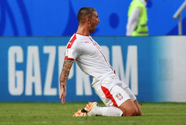 Футбол. ЧМ-2018. Матч Коста-Рика - Сербия. Александар Коларов (Сербия) радуется забитому голу - Sputnik საქართველო