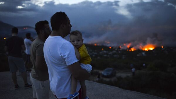 Мужчина с ребенком на руках смотрит на с холма на пожары в окрестностях Афин - Sputnik Грузия