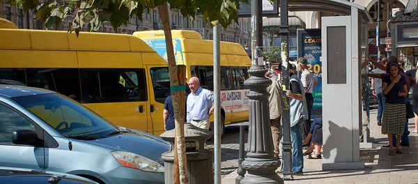 Желтые маршрутные такси у автобусной остановки, где люди ждут транспорт - Sputnik Грузия