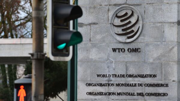 Эмблема Всемирной торговой организации (ВТО) возле здания штаб-квартиры организации в Женеве. - Sputnik Грузия