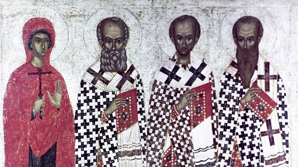 Икона Избранные святые: Василий Великий, Григорий Богослов, Иоанн Златоуст, Параскева Пятница - Sputnik Грузия
