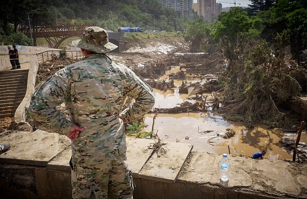 Для ликвидации последствий страшного наводнения в Тбилиси были привлечены военные. На фото - военнослужащий смотрит на разрушенный в результате стихийного бедствия тбилисский зоопарк - Sputnik Грузия