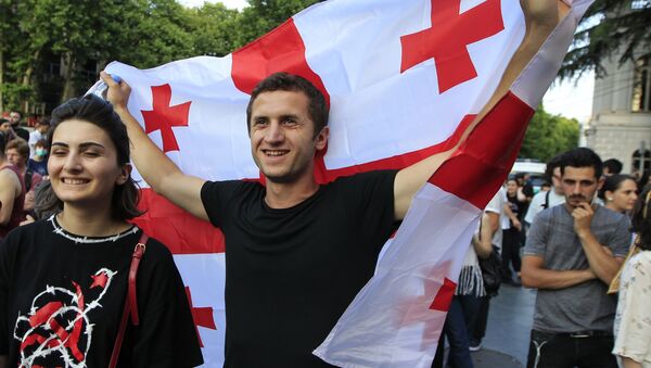 Флаги, плакаты и лозунги. Акция протеста у парламента Грузии - Sputnik Грузия