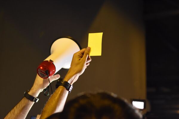 И подняли руки вверх, показывая желтые карточки - как символ предупреждения со стороны народа правящей партии - Sputnik Грузия