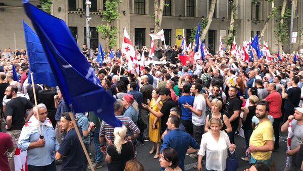 Участники протестного шествия идут по проспекту Руставели с флагами - Sputnik Грузия