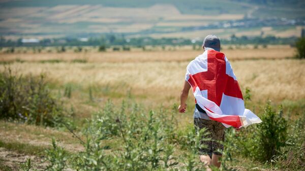 Человек с флагом Грузии идет по полю у села Бершуети в регионе Шида Картли - Sputnik Грузия
