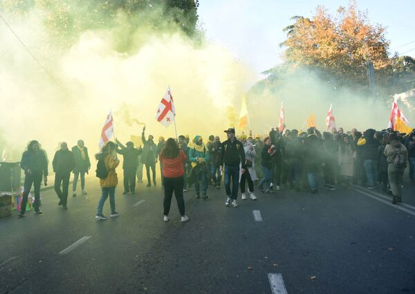 В знак протеста, участники партии Лело устроили своеобразный перфоманс, пустив желтый дым из цветных шашек - Sputnik Грузия
