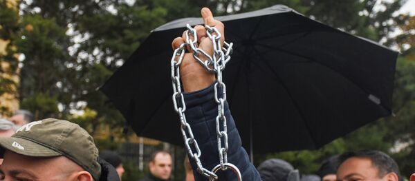 Представители оппозиции вешают замки на ограду здания канцелярии правительства во время акции протеста 21 ноября 2019 Представители оппозиции вешают замки на ограду здания канцелярии правительства во время акции протеста 21 ноября 2019 - Sputnik Грузия