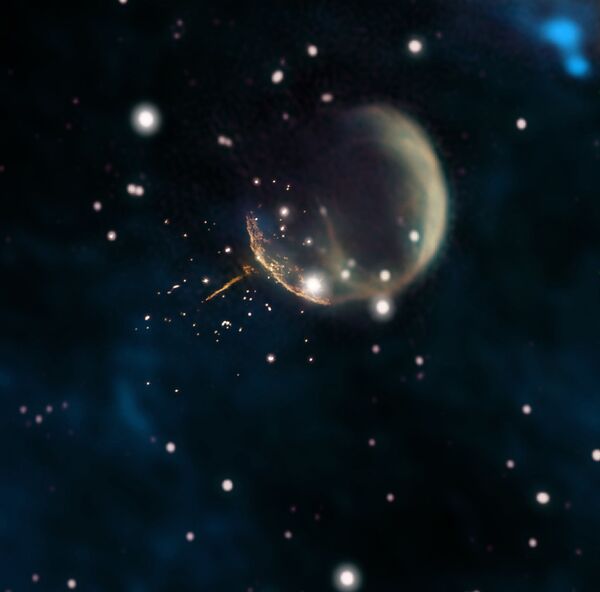 Остаток сверхновой CTB 1, напоминающий пузырь, и прямой, светящийся след от пульсара J0002+6216 - Sputnik Грузия