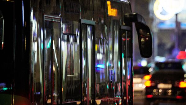 Праздничное освещение отражается в стеклах пассажирского автобуса. Новогодние украшения в столице Грузии - Sputnik Грузия