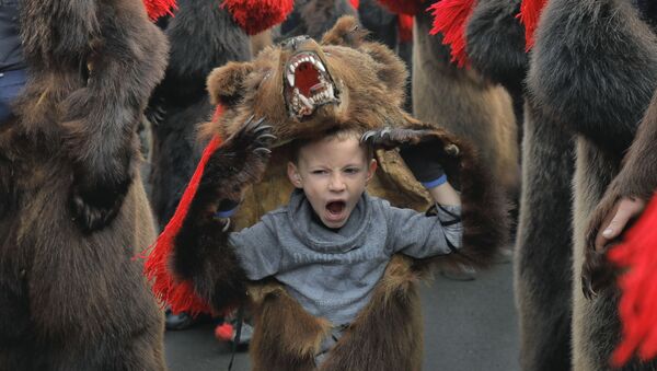 Зевающий мальчик в костюме медведя на новогоднем шествии в румынском городе Комэнешти - Sputnik Грузия