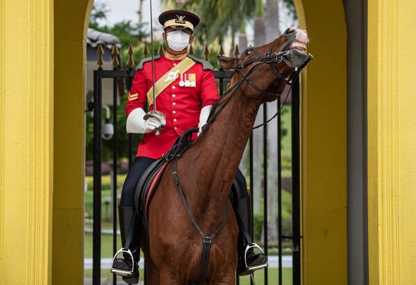 В резиденции короля страны, в Королевском Дворце Истана Негара, в столице Малайзии, в Куала-Лумпуре служат в охране гвардейцы роты почетного караула. В связи с эпидемией коронавируса гвардейцы надевают маски для защиты от вируса - Sputnik Грузия