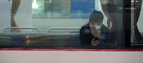 Пассажир в защитной маске сидит в поезде в Сеуле, Южная Корея, защищаясь от коронавируса - Sputnik Грузия