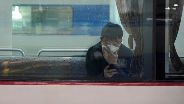 Пассажир в защитной маске сидит в поезде в Сеуле, Южная Корея, защищаясь от коронавируса - Sputnik Грузия