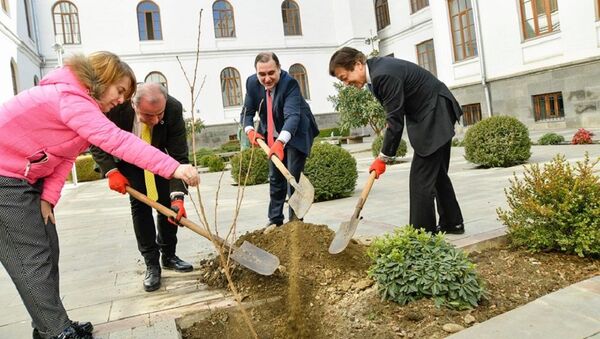 Посол Японии, министр образования Грузии и ректор ТГУ высаживают сакуру во дворе первого корпуса университета - Sputnik Грузия
