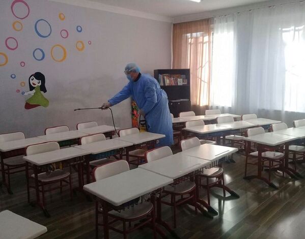Так специалисты городских служб обрабатывали школьные помещения - Sputnik Грузия