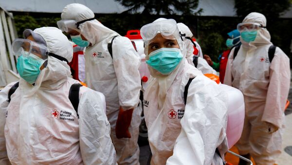 Волонтеры из Индонезийского Красного Креста в защитных костюмах готовятся к распылению дезинфицирующего средства в школе, закрытой на фоне распространения коронавируса COVID-19. Джакарта, Индонезия - Sputnik Грузия