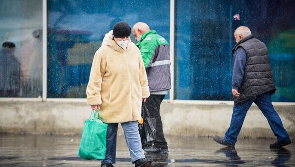 Пожилая женщина в защитной маске идет по улице с покупками. В Грузии принимаются меры по борьбе с коронавирусом  - Sputnik Грузия