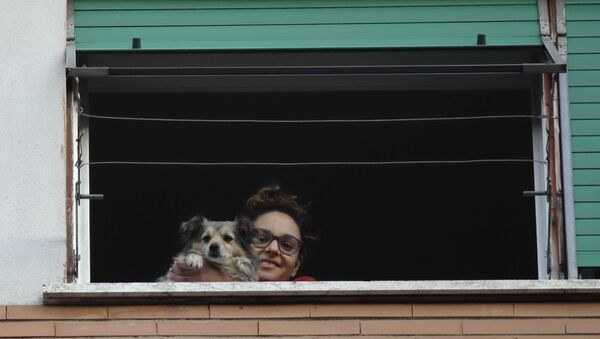 Девочка с собакой в окне во время карантина в Риме - Sputnik Грузия