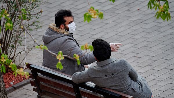 Мужчины в масках и перчатках на скамейке в парке. В Грузии борются с коронавирусом, введен карантин и комендантский час - Sputnik Грузия