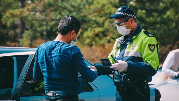 Сотрудник полиции проверяет документы у водителей во время карантина - Sputnik Грузия