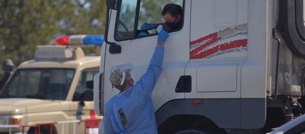 Военный медик проверяет температуру на блокпосту в Хашми, муниципалитет Сагареджо. Ситуация в Грузии в связи с коронавирусом Военный медик проверяет температуру на блокпосту в Хашми, муниципалитет Сагареджо. Ситуация в Грузии в связи с коронавирусом - Sputnik Грузия