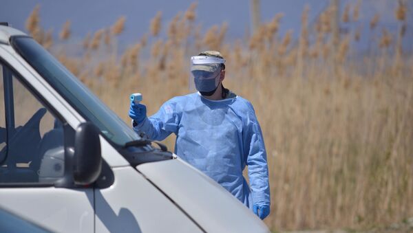 Военный медик проверяет температуру на блокпосту в Хашми, муниципалитет Сагареджо. Ситуация в Грузии в связи с коронавирусом - Sputnik Грузия