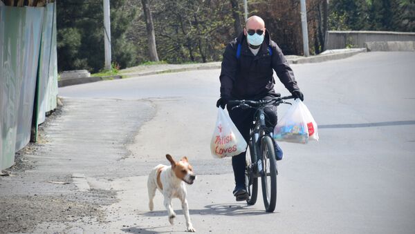 Человек в маске едет по городу на велосипеде с продуктами - Sputnik Грузия