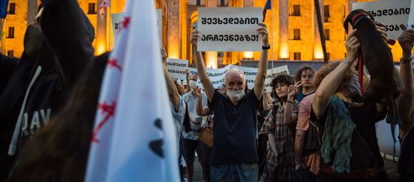Митинг оппозиции перед зданием парламента. Мужчина держит плакат Встретимся на выборах! - Sputnik Грузия